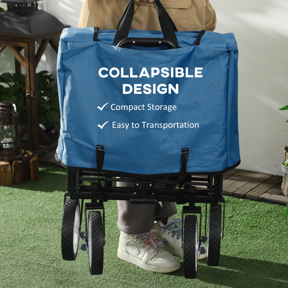 Pull Along Cart Folding Cargo Wagon Trailer Trolley For Beach Garden w/ Handle
