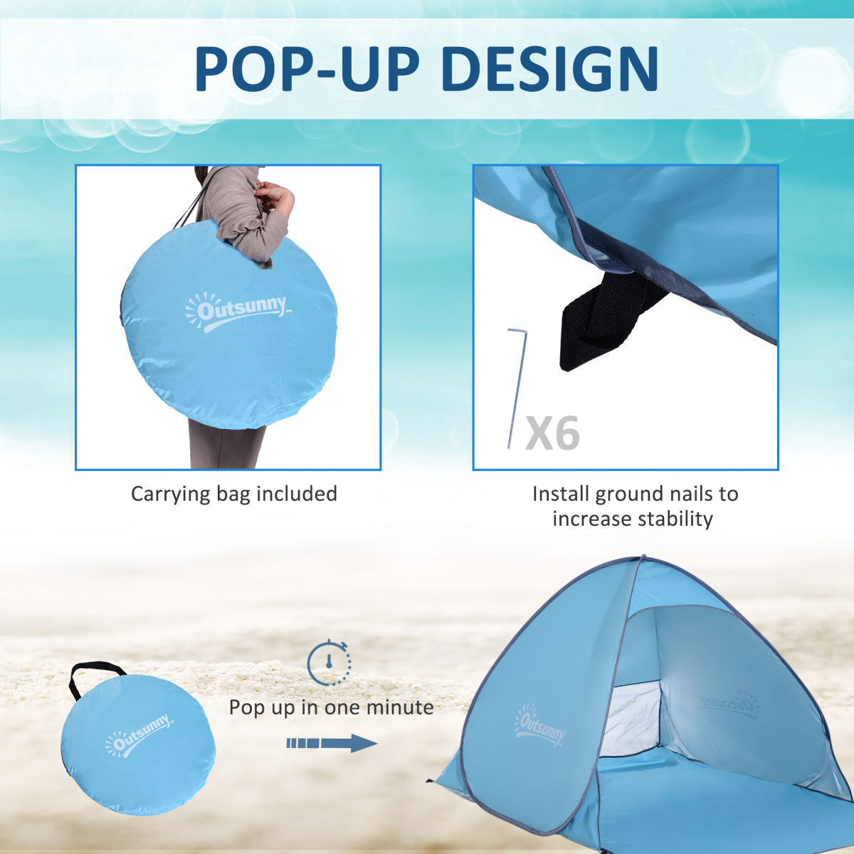 Beach Tent Instant Camping Pop up Tent Sun Shade Shelter, Blue Outsunny