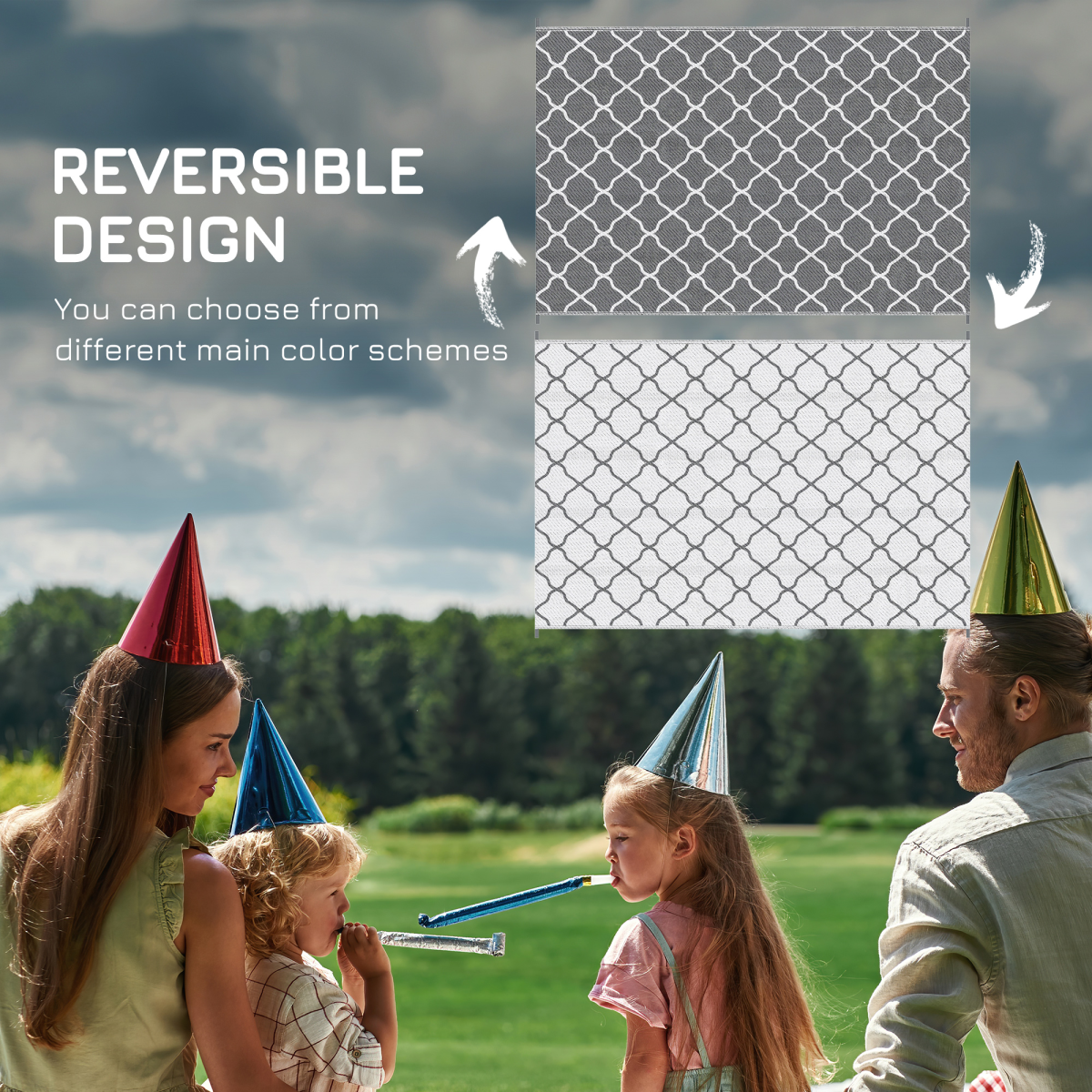 Reversible Outdoor Rug W/ Carry Bag for RV Camping Beach, 182 x 274 cm, Grey